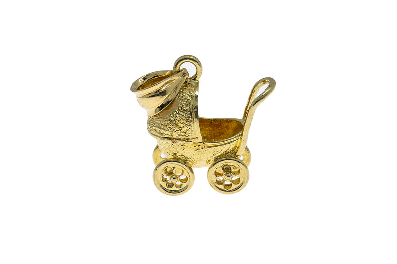 Vintage Baby Carriage Stroller Charm 14K 585 Yellow Gold Pendant