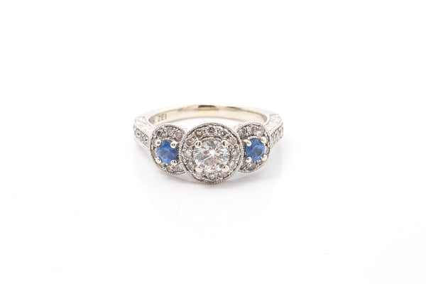 Zales Three Stone Diamond & Sapphire 10k 417 White Gold Ring