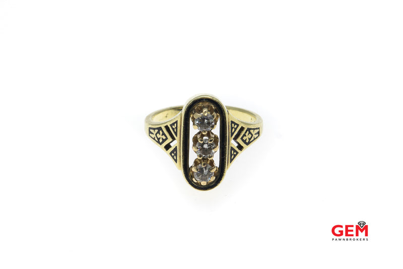 Three Diamond Victorian Pierced 14K 585 Yellow Gold Ring Size 6 1/2