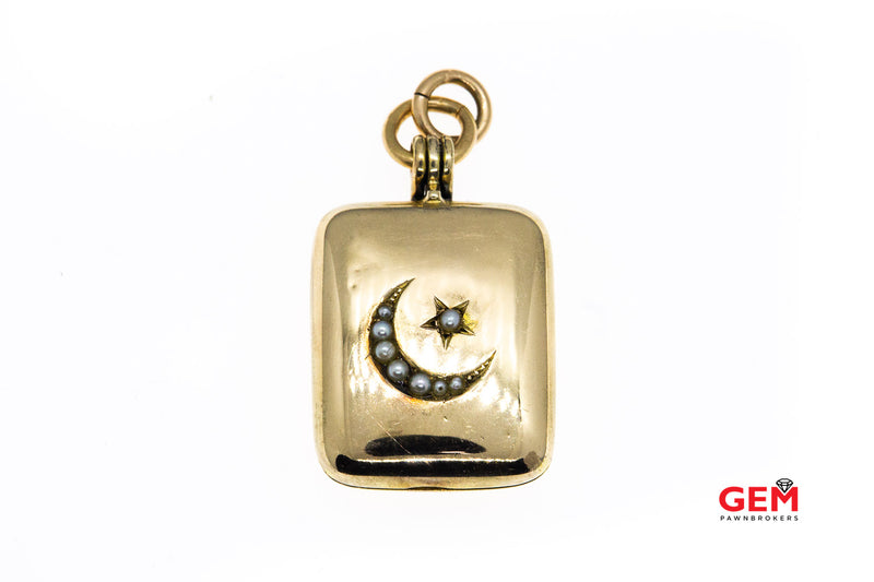 Antique Victorian Seed Pearl Crescent Moon & Star 14k 585 Yellow Gold Locket Charm Pendant