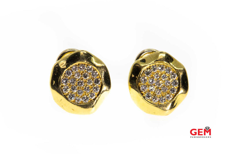Diamond Pave Disc Diamond Clip On 18K 750 Yellow Gold Pair Earrings