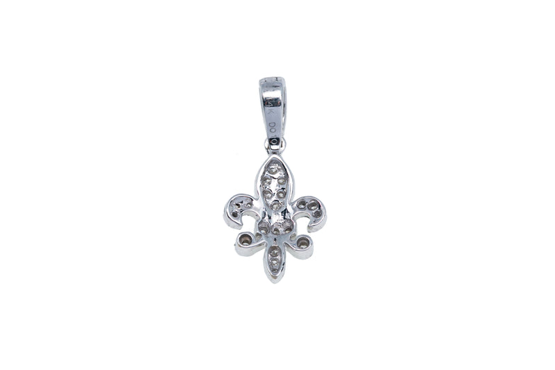 Diamond Pave Milgrain Fleur De Lis Drop Charm 14K 585 White Gold Dangle Pendant