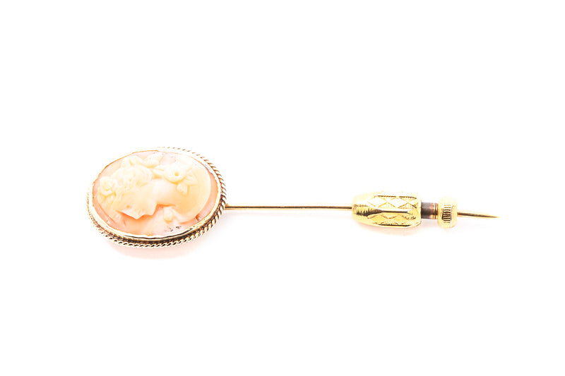 Vintage Pink Cameo Lapel Pin Brooch 14k 585 Yellow Gold Stickpin