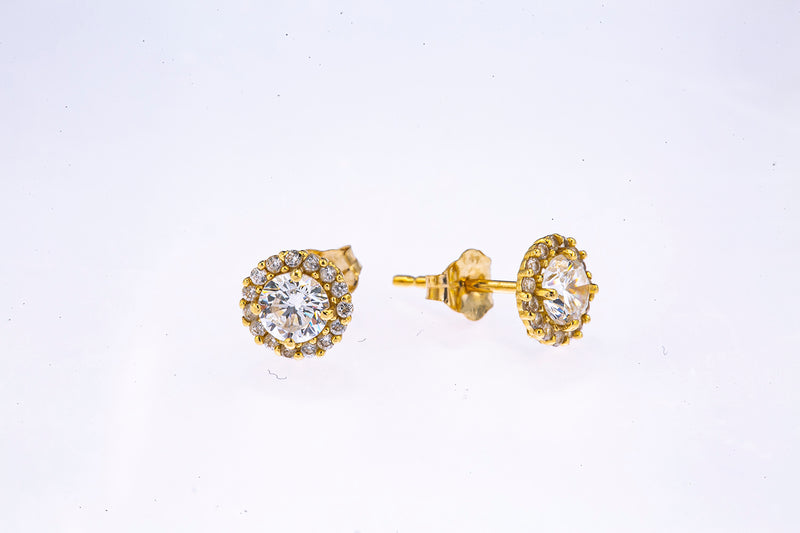 JTS Cubic Zirconia Pave Halo Accent Studs 14K 585 Yellow Gold Pair of Earrings