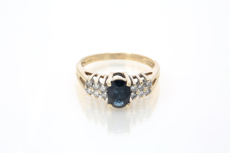 Oval Sapphire & Diamond Accent Cluster Cocktail 14k 585 Yellow Gold Ring