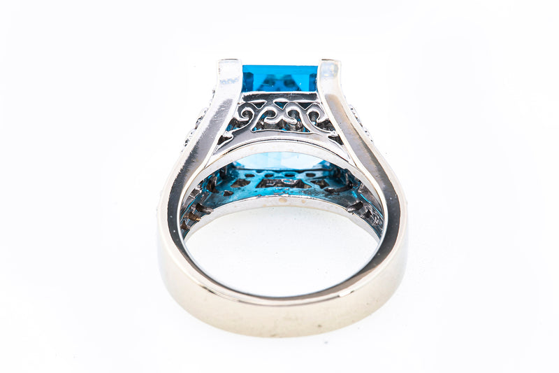 Natural Blue Topaz & Diamond Cathedral 14K 585 White Gold Ring Size 6 1/2