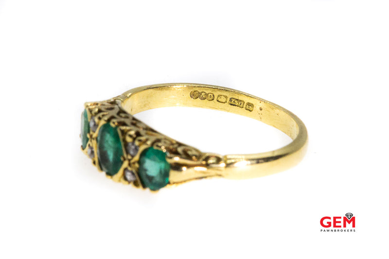 Vintage Birmingham Steele & Dolphin Natural Emerald & Diamond filigree Accent 18K 750 Yellow Gold Ring Size 7