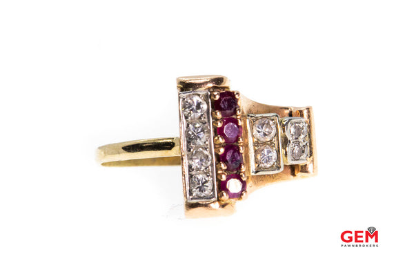 Retro 14k 585 Rose Gold Ruby Diamond Ring Size 7.5 Scroll Design