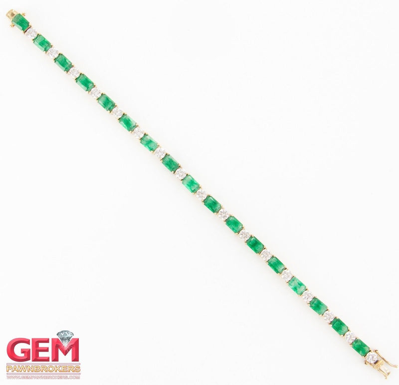 Cubic Zirconia & Emerald Cut Green Stone Tennis Bracelet 14k 585 Yellow Gold