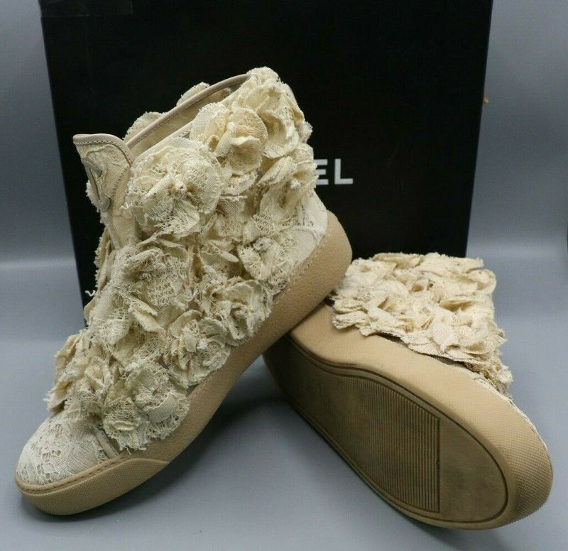 Chanel Camellia Flower Mesh Lace Beige Clair Hi Top Sneakers Size 38.5/8