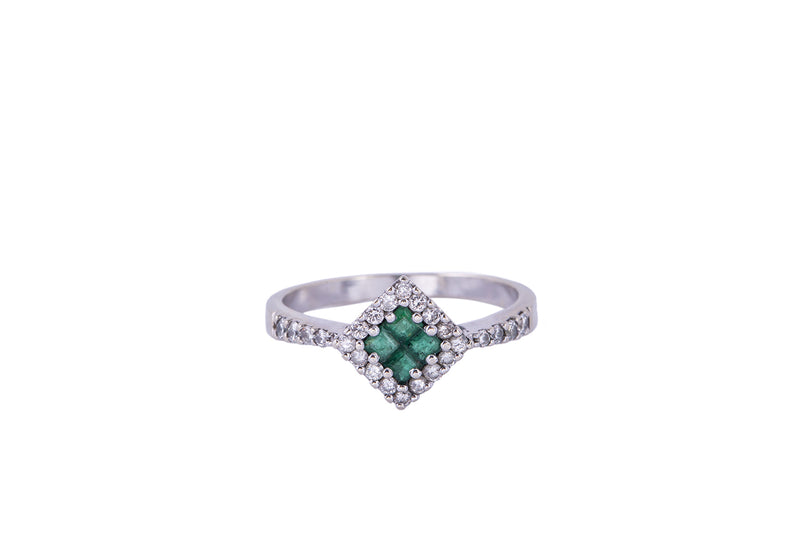 Natural Emerald & Diamond Cluster Band 14K 585 White Gold Ring Size 8 3/4
