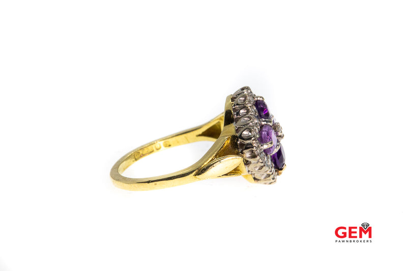JHL 1977 Vintage London Natural Amethyst & Diamond Cluster 14K 585 Yellow White Gold Ring Size 6