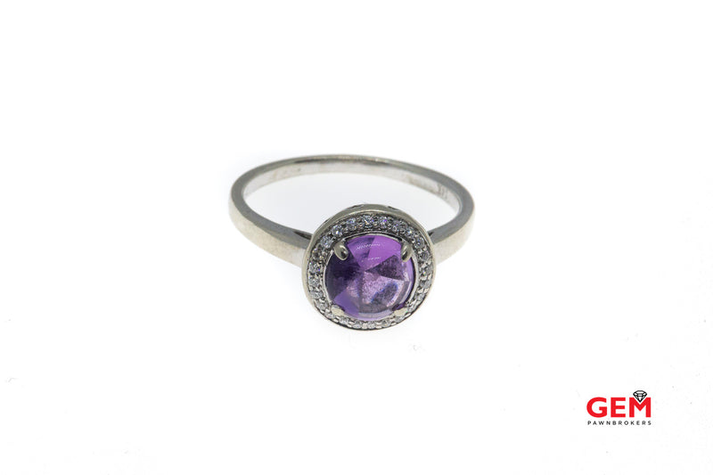 JLJ Hakimi Natural Amethyst & Diamond Halo 14K 585 White Gold Ring Size 9