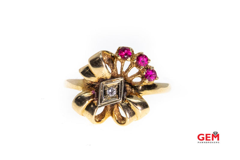 Retro S & M Natural Pink Sapphire & Diamond Bow Milgrain Accent 14K Yellow & Rose Gold Ring Size 6