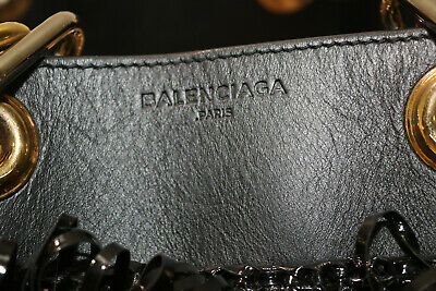 Balenciaga Black Leather & Patent Textured Woven Chain Link Handle Bag