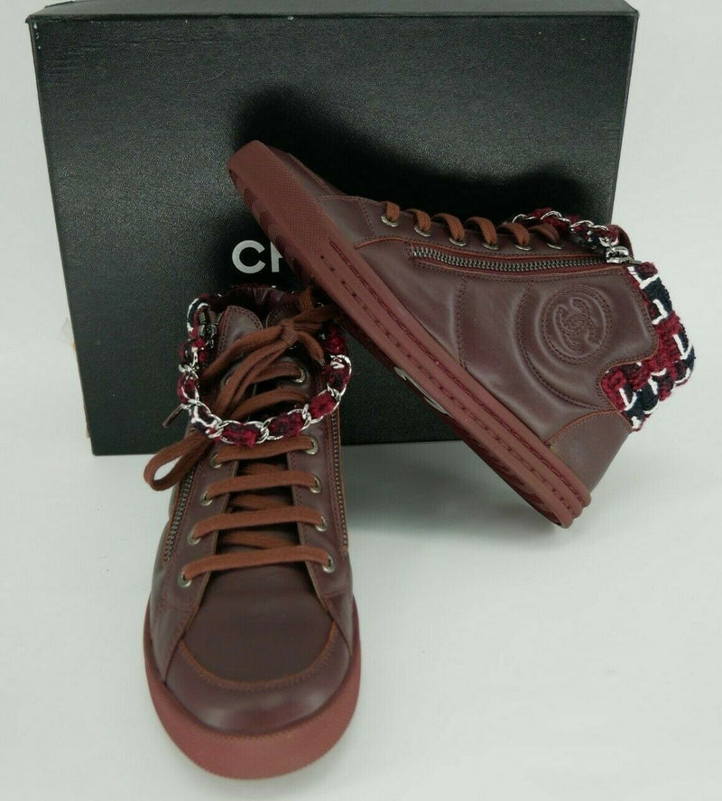 Chanel Burgundy Leather CC Logo High Top Sneaker Chain Zip Tweed SZ 37/7