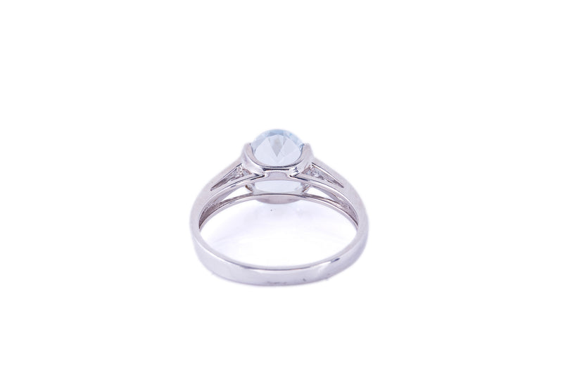 Oval Aquamarine Diamond Accent Cocktail Band 14K 585 White Gold Ring Size 6 1/2