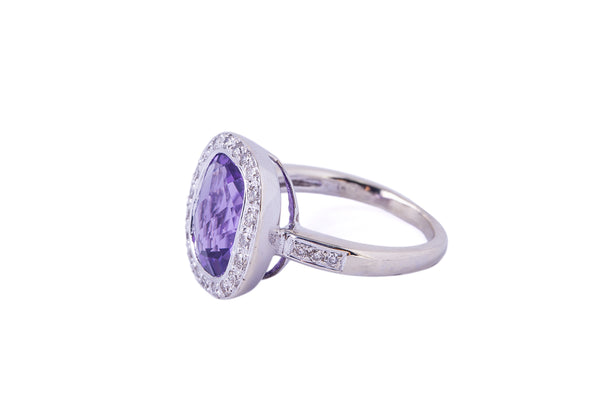 Cushion Amethyst and Diamond Halo Ring Cocktail 14K 585 White Gold