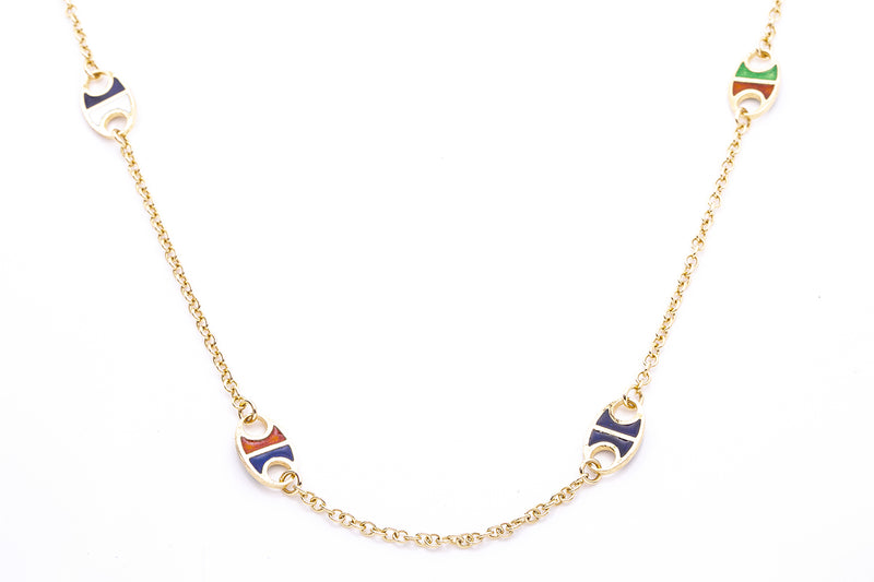 Vintage Italian 1960s Fabor 18k 750 Yellow Gold Enamel Chain Necklace 27"