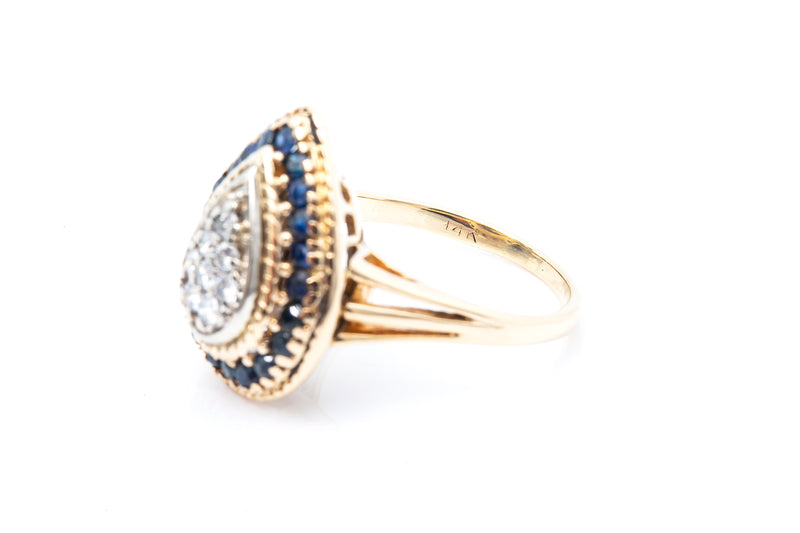 Vintage Cocktail Cluster Diamond & Sapphire 14k 585 Yellow Gold Ring