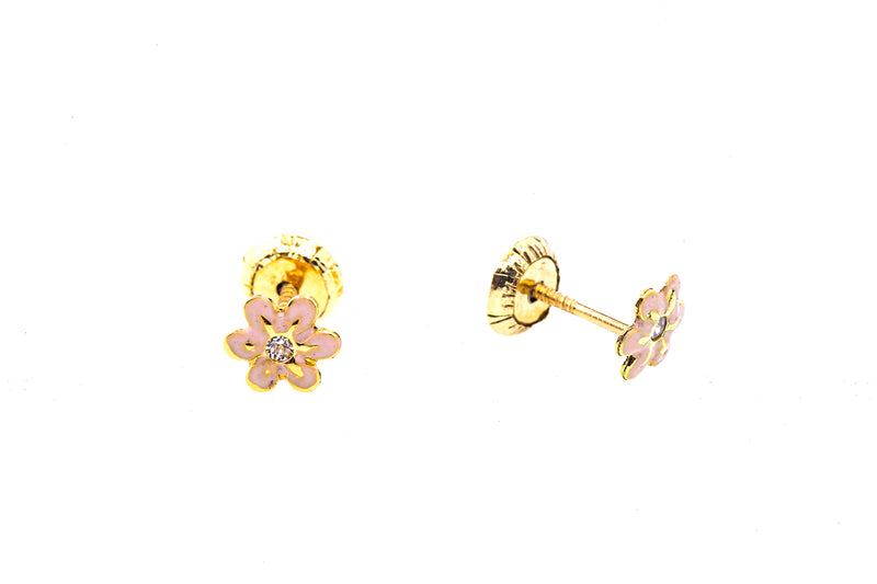 Enamel Flower Cubic Zirconia Studs 14K 585 Yellow Gold Pair of CZ Earrings