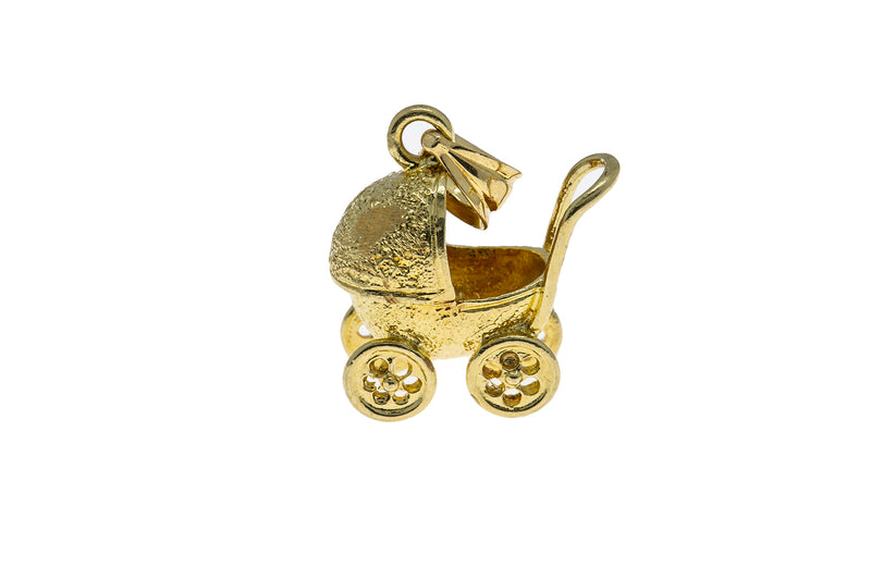 Vintage Baby Carriage Stroller Charm 14K 585 Yellow Gold Pendant