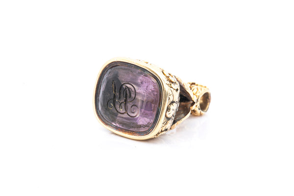 Antique Gold Watch Fob Signet Wax Seal Intaglio Amethyst 14k 585 Charm Pendant