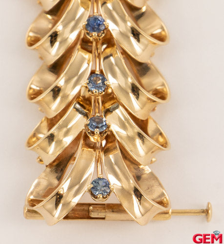 Vintage Bow Ribbon 18k 750 Yellow Gold Blue Sapphire Bracelet Art Deco Design 7.5"