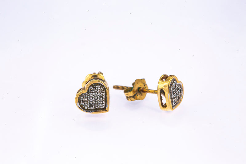 Diamond Pave Heart Love Studs Solid 10K 417 Yellow & White Gold Pair Earrings