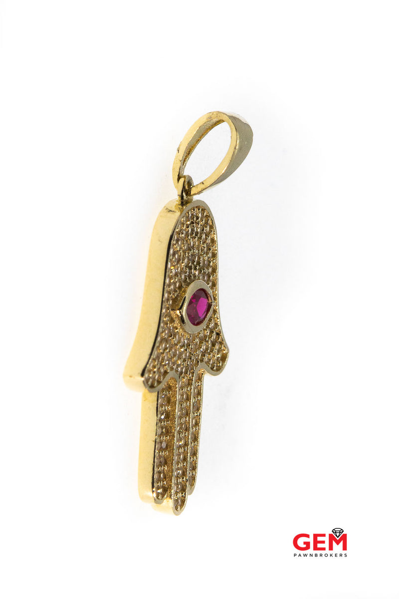 Hamsa Hand Cubic Zirconia Charm 14K 585 Yellow Gold CZ Pave Pendant