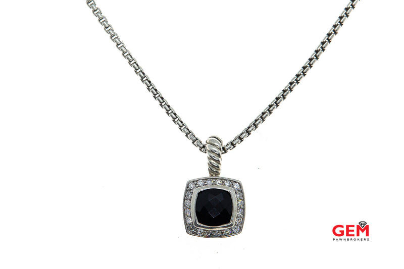 Davids Yurman Petite Albion Onyx Diamond Charm 2mm Rolo Box Link Chain 925 Sterling Silver 17" Necklace & Pendant