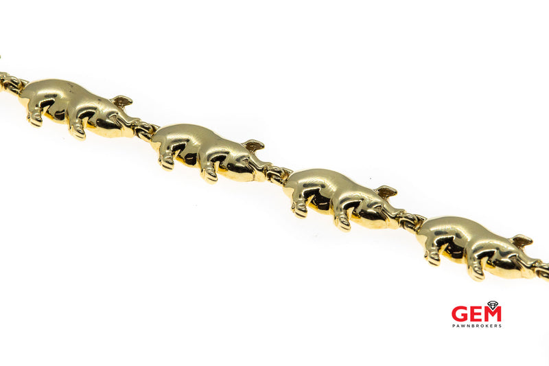 Lucky Pig Chain Link 3D Hog 14K 585 Yellow Gold Swine Animal Bracelet