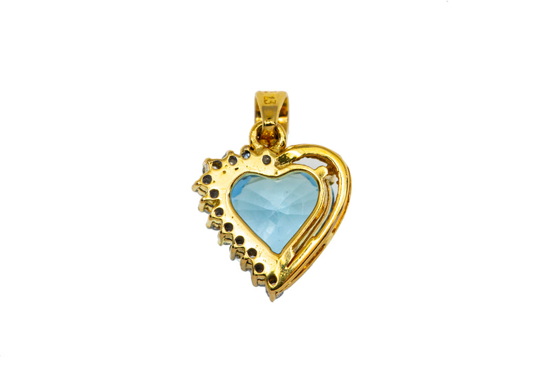 Natural Blue Heart Aquamarine & Diamond Charm 18K 750 Yellow Gold Pendant