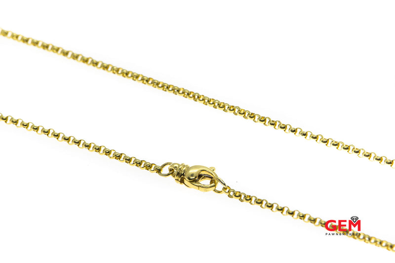 Italy Vicenza 2mm Rolo Link Chain Drop Diamond Charm 18K 750 Yellow Gold 16" Designer Necklace & Pendant