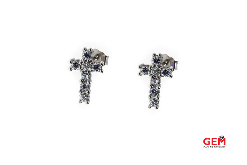 Cubic Zirconia Religious Cross Studs Solid 14K 585 White Gold Crucifix Earrings