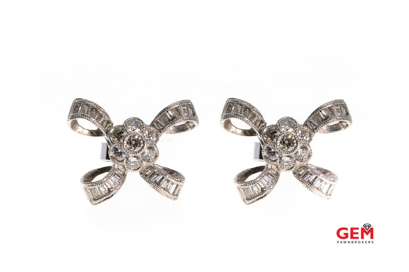 Diamond Cluster Bow Ribbon Stud Earrings 18k 750 White Gold