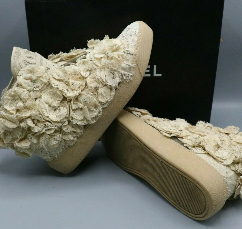 Chanel Camellia Flower Mesh Lace Beige Clair Hi Top Sneakers Size 38.5/8