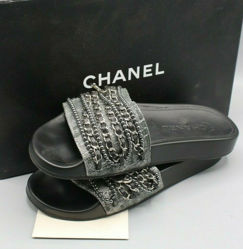 Chanel Women's Tweed Pearl and Chain Black Mules Size 37 / 6.5 – GEM  Pawnbrokers