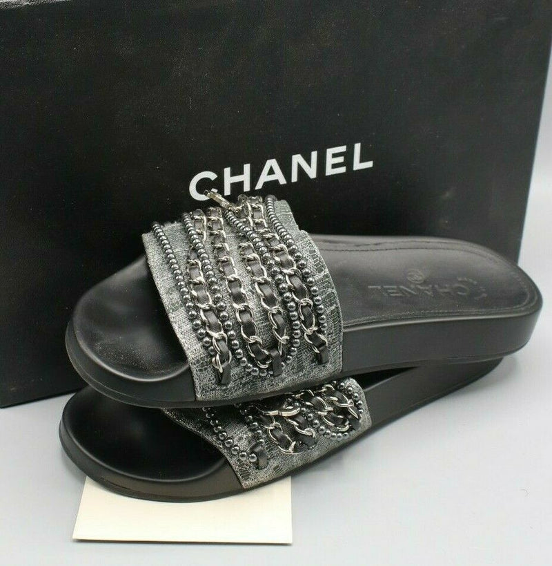 Chanel Women's Tweed Pearl and Chain Black Mules Size 37 / 6.5