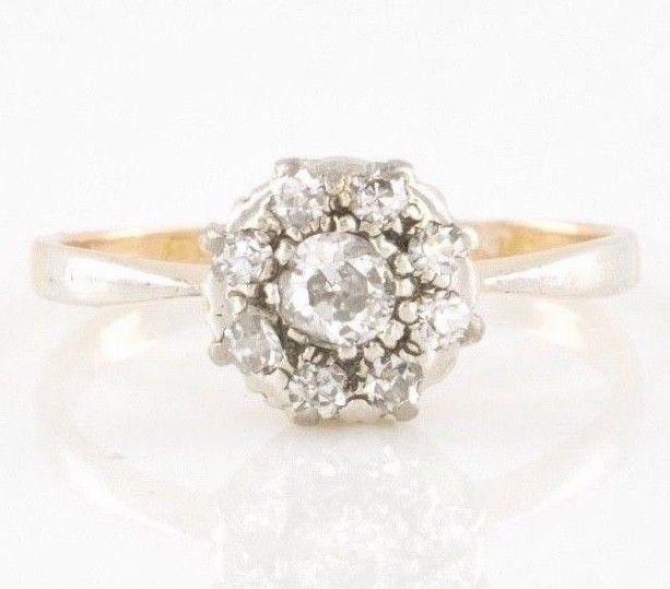 Antique Diamond Cluster 18K 750 Yellow Gold Diamond Cluster Ring Size 6.5