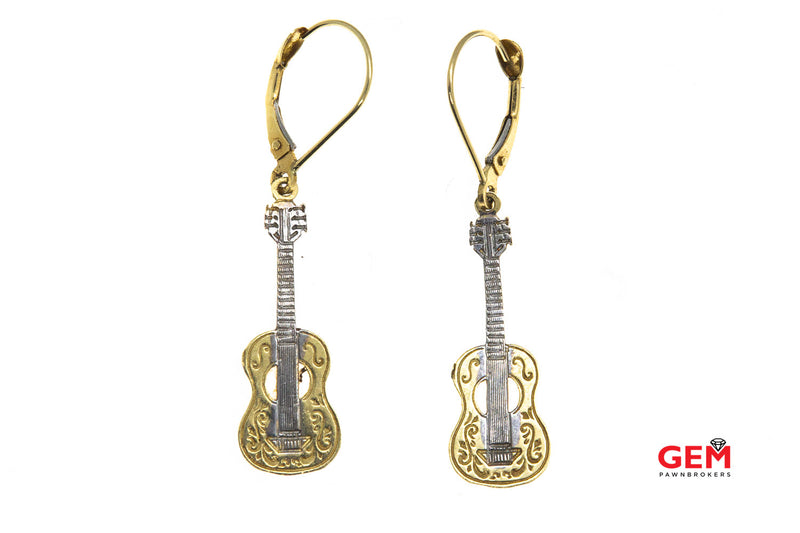Acoustic Guitar Guitarra Musical Instrument Drop Earrings 14k 585 Yellow Gold