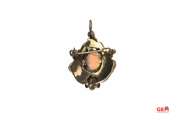 Antique Gemstone Opal Floral Accent Lapel Pin Charm 14K 585 Yellow Gold Pendant