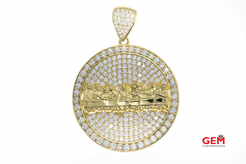 Last Supper Religious Cubic Zirconia Pave Charm 10K 417 Yellow Gold Disc Pendant