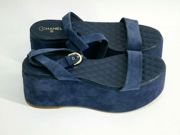 Chanel Blue Suede Quilted Platform Sandal With Ankle Strap US Size 9 Eur Sz 39.5