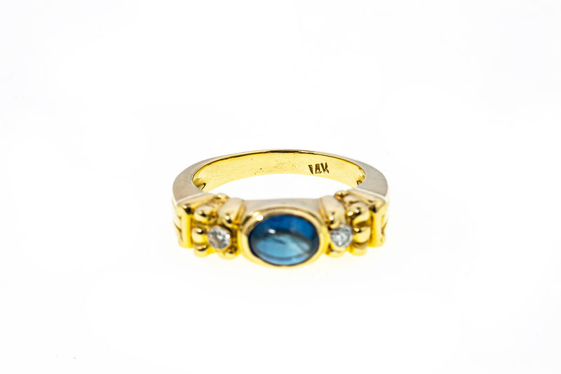 Natural Blue Sapphire & Diamond Accent 14K 585 Yellow Gold Ring Size 6 3/4