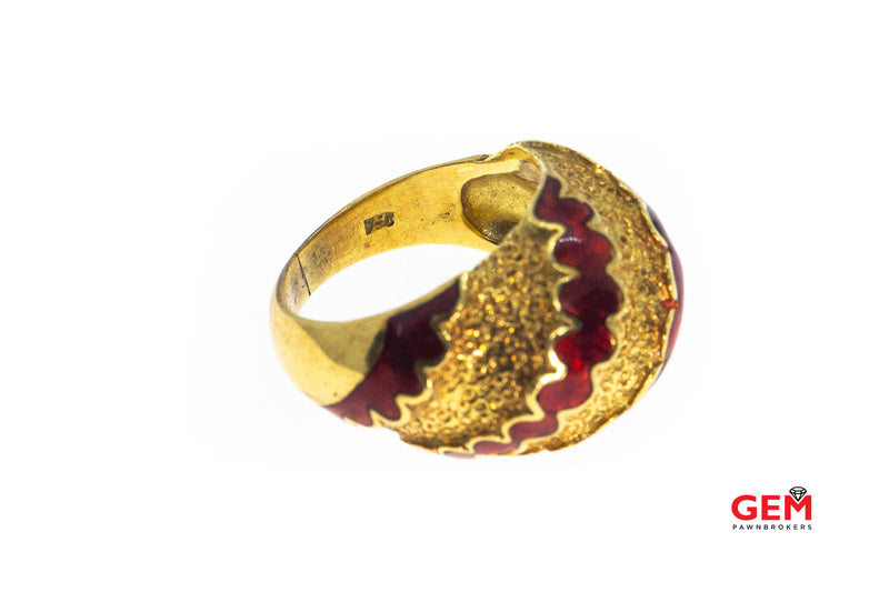 Italy Domed Red Enamel Wave Band 18K 750 Yellow Gold Ring Size 4 1/2