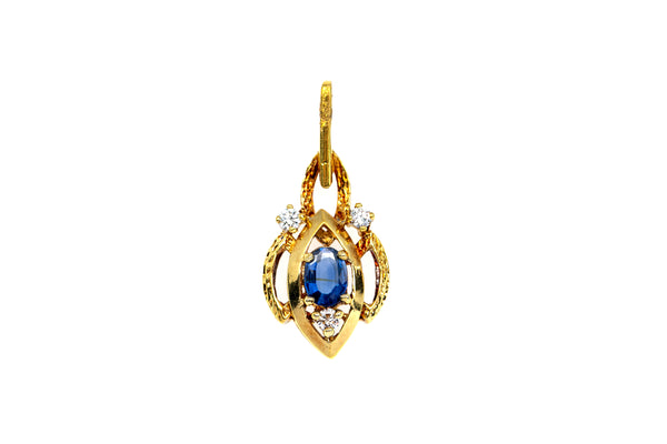 Estate Natural Sapphire & Diamond Accent Drop Charm 18K 750 Yellow Gold Pendant