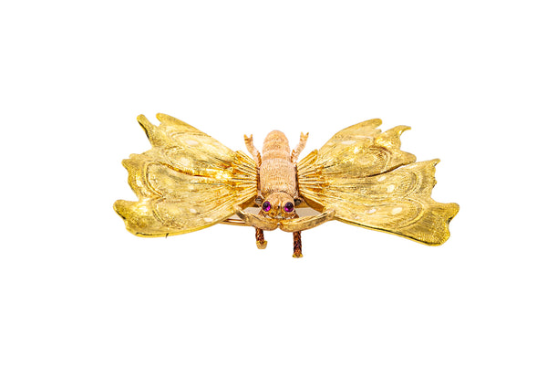 Mario Buccellati Butterfly Ruby Eyes Brooch 18K 750 Yellow & Rose Gold Lapel Pin