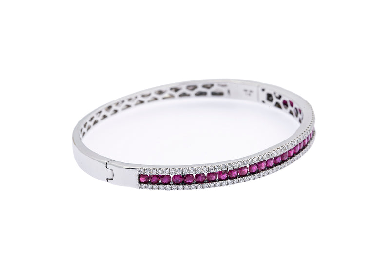 Natural Diamond & Ruby Line Cuff Bangle 18K 750 White Gold Bracelet