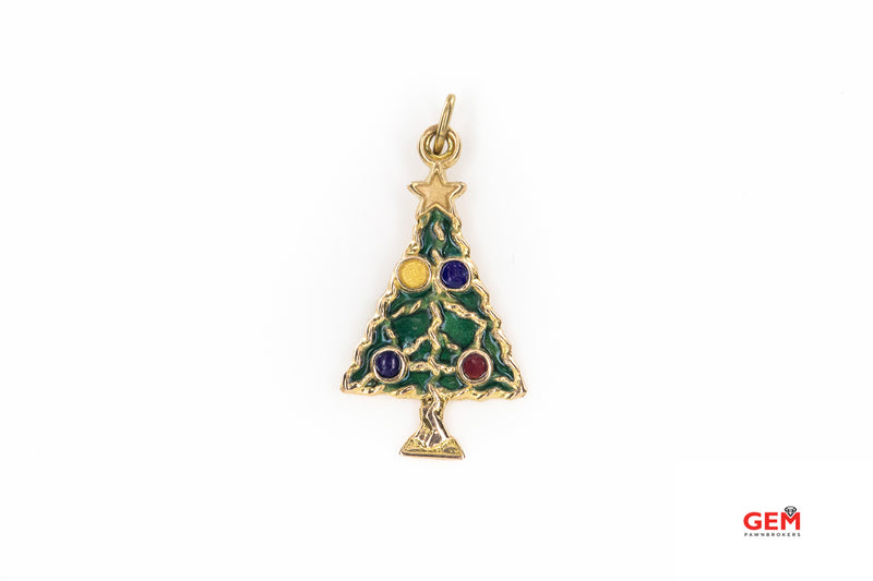 Merry Christmas Ornament Enamel Tree Charm 14K 585 Yellow Gold Xmas Pendant